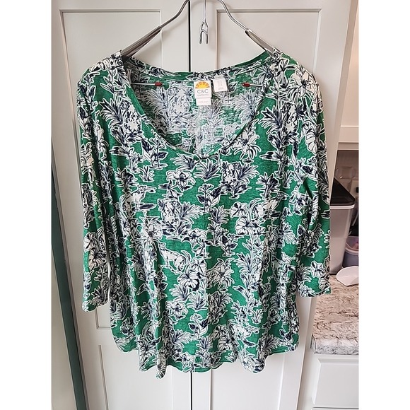 C&C California Womens Top XL 3/4 Sleeve Green Floral Linen Lightweight‎ Casual - Picture 1 of 3